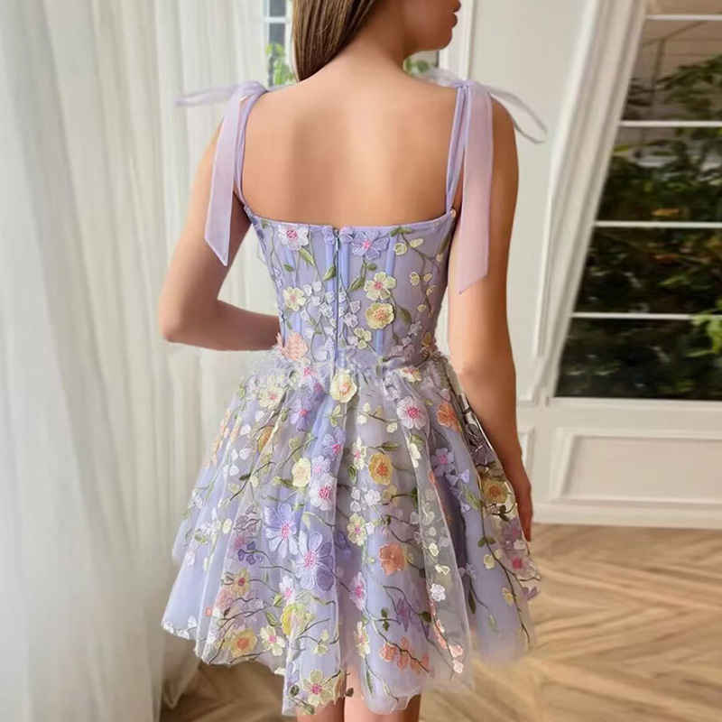 Lavender Floral Applique Sleeveless Mini Dress