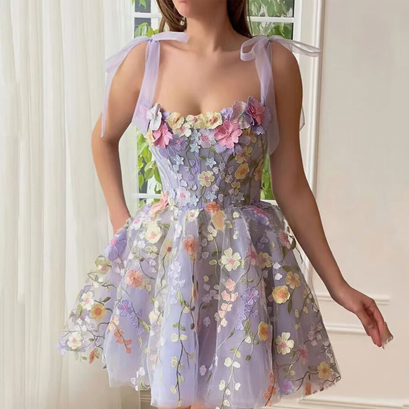 Lavender Floral Applique Sleeveless Mini Dress