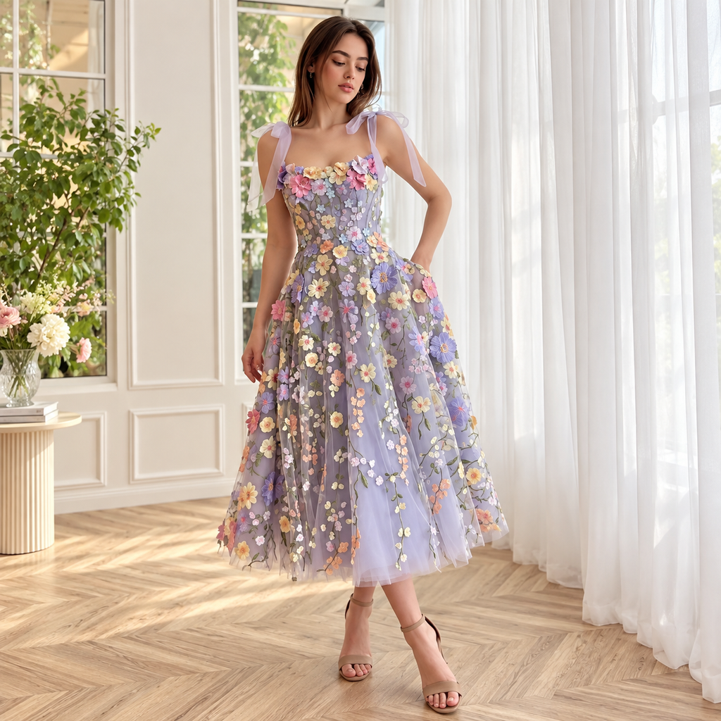 Lavender Floral Applique Sleeveless Mini Dress