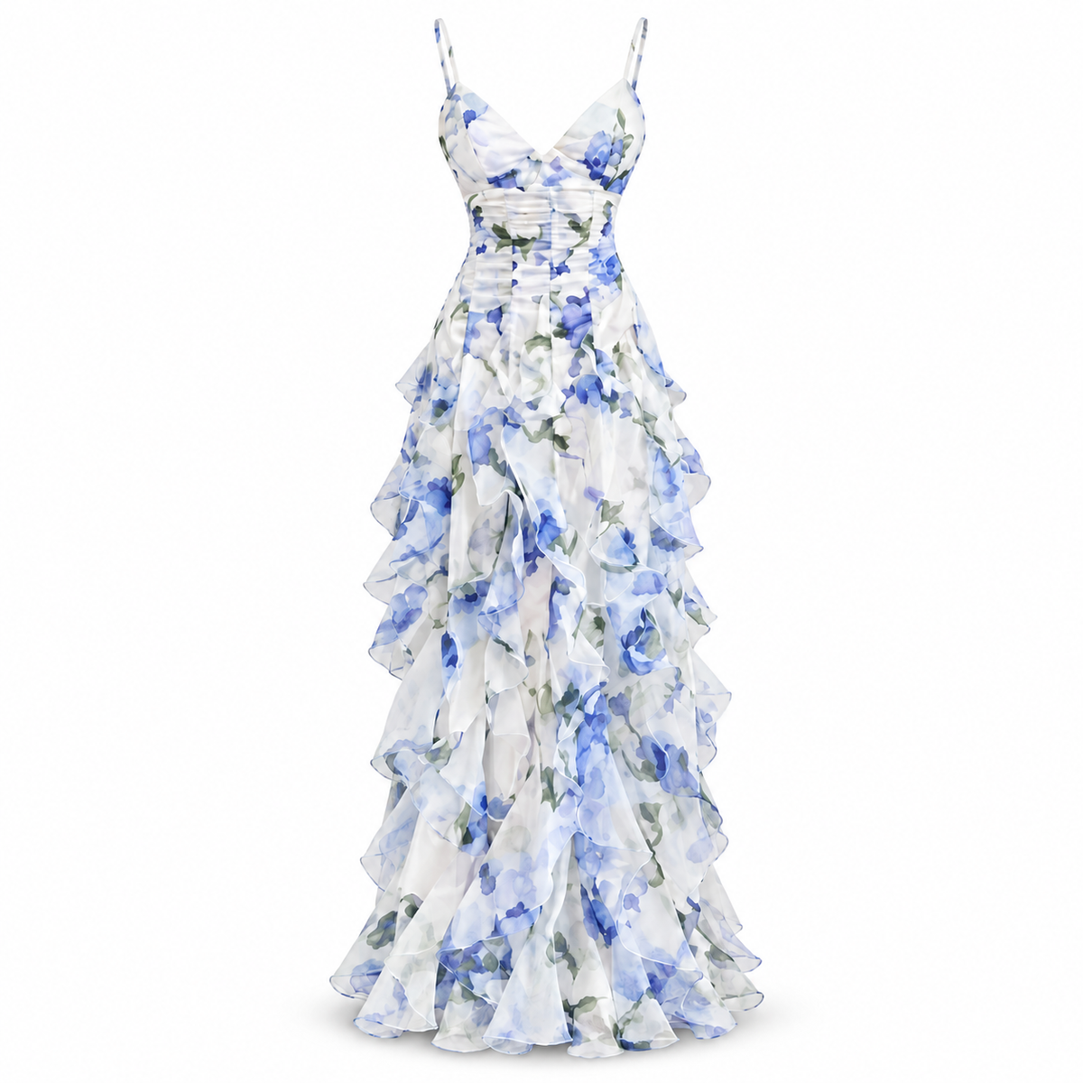 Blue Floral Ruffle Maxi Dress with Spaghetti Straps