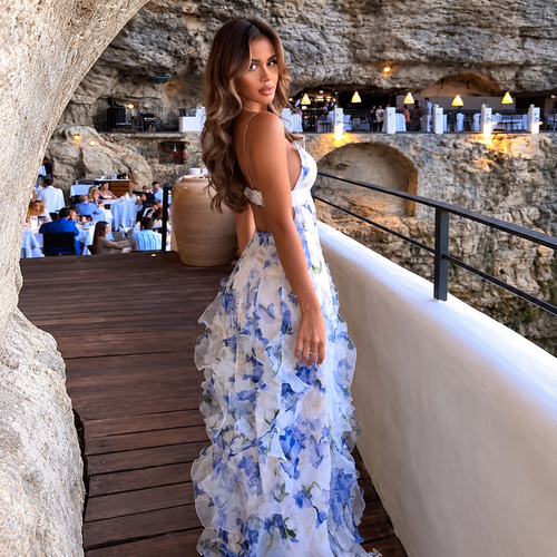 Blue Floral Ruffle Maxi Dress with Spaghetti Straps