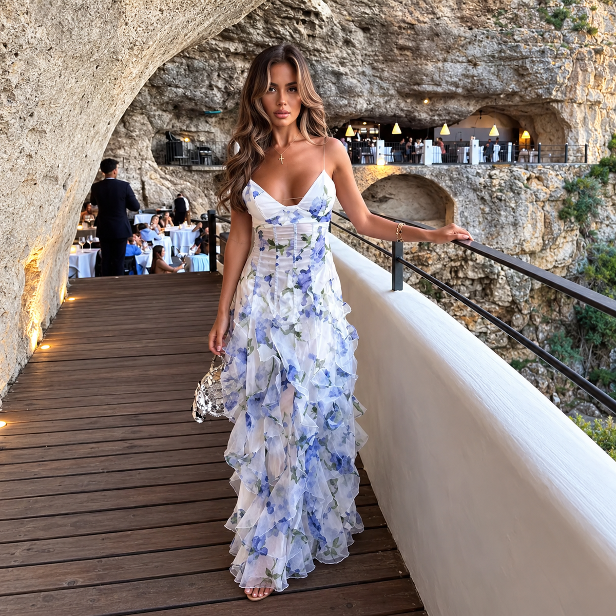 Blue Floral Ruffle Maxi Dress with Spaghetti Straps