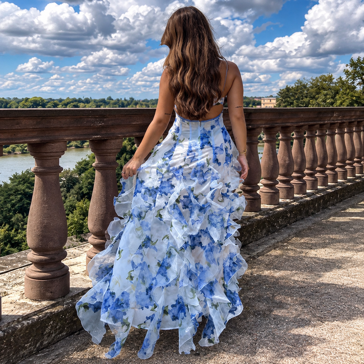 Blue Floral Ruffle Maxi Dress with Spaghetti Straps