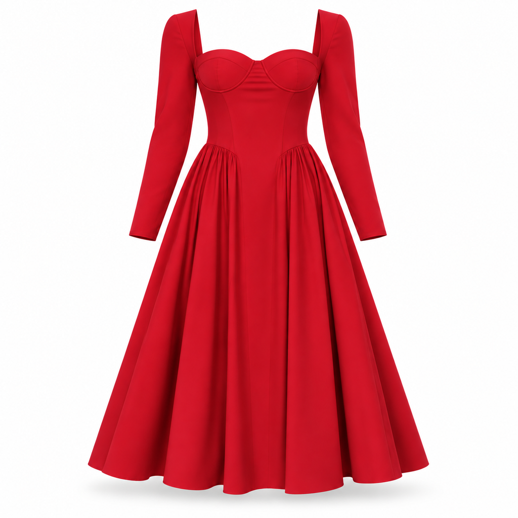 Red Long Sleeve Fit-and-Flare Dress with Corset Bodice