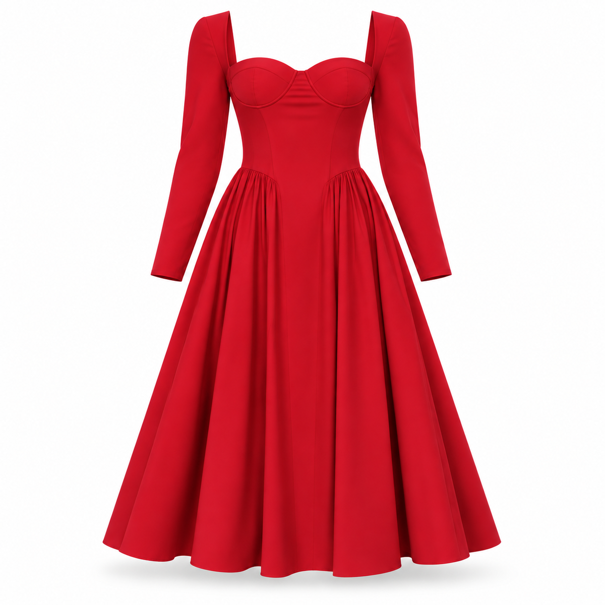 Red Long Sleeve Fit-and-Flare Dress with Corset Bodice
