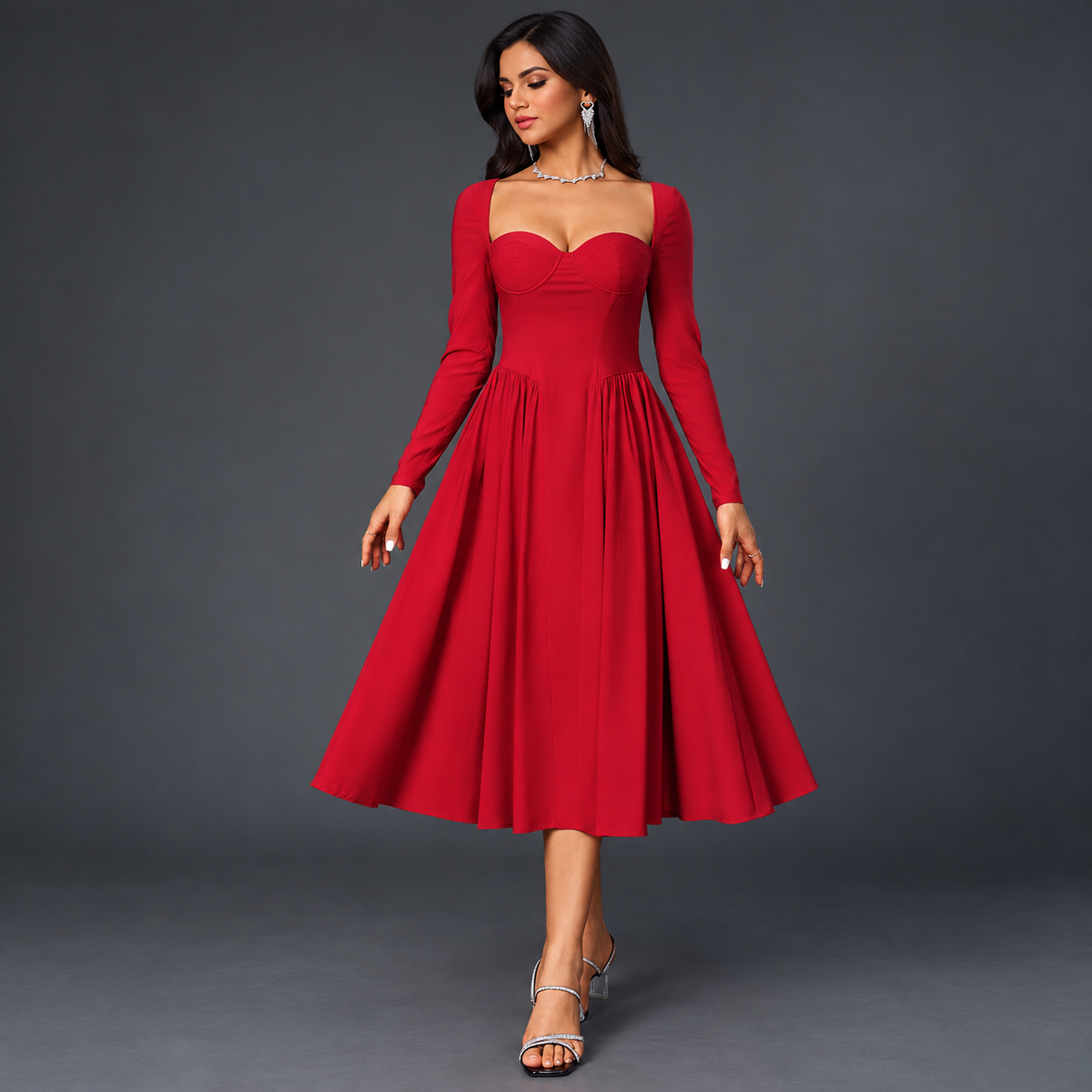 Red Long Sleeve Fit-and-Flare Dress with Corset Bodice
