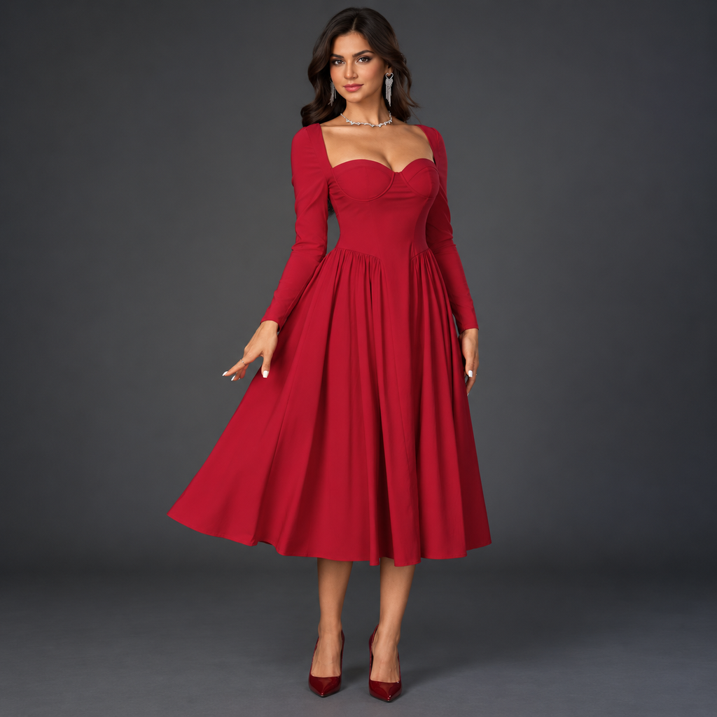 Red Long Sleeve Fit-and-Flare Dress with Corset Bodice