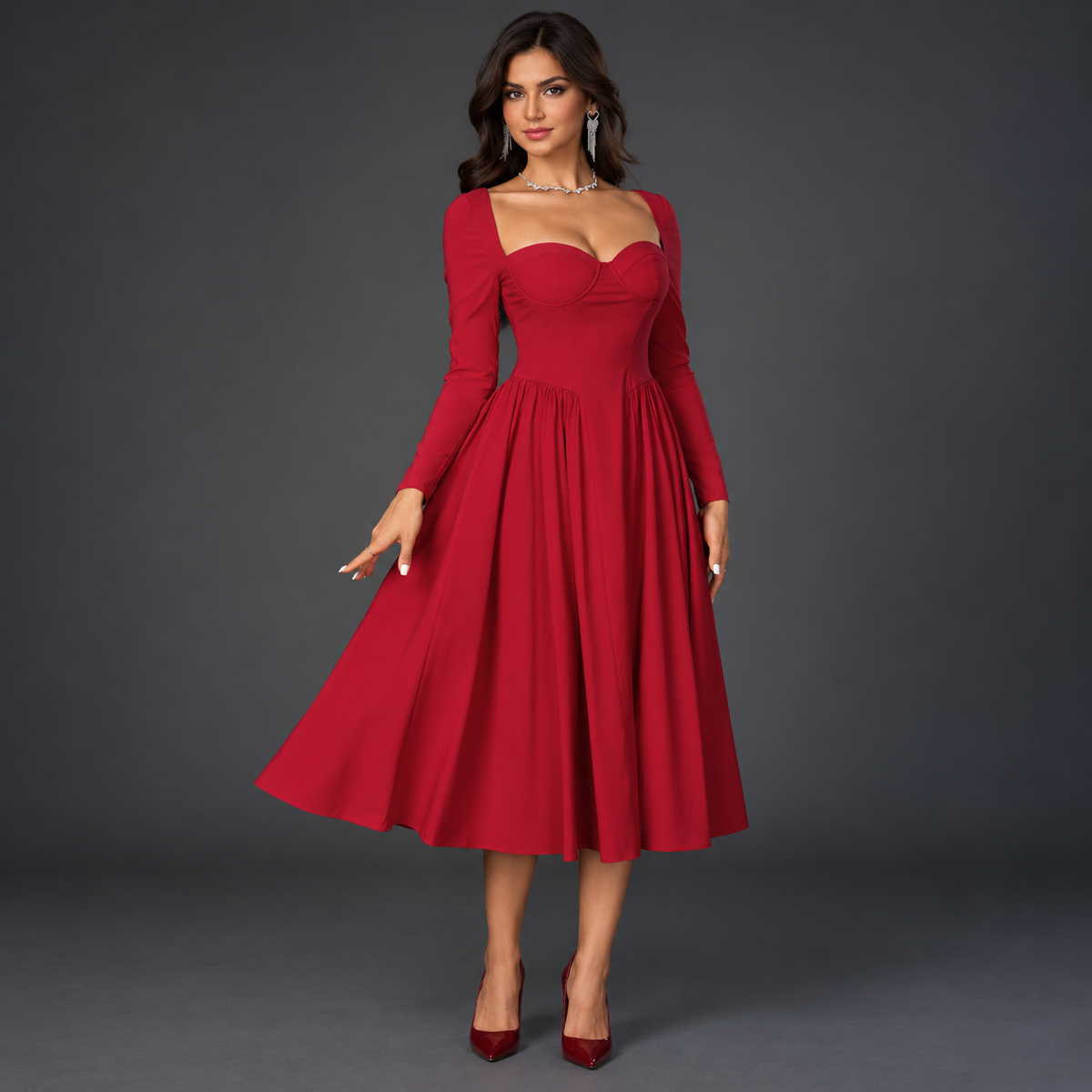 Red Long Sleeve Fit-and-Flare Dress with Corset Bodice
