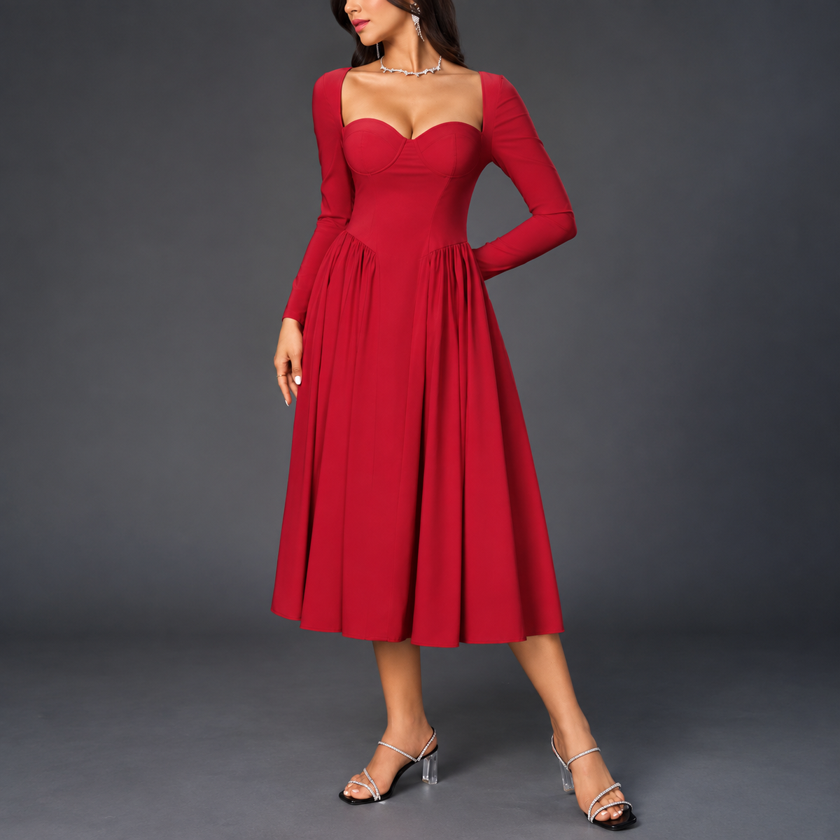 Red Long Sleeve Fit-and-Flare Dress with Corset Bodice