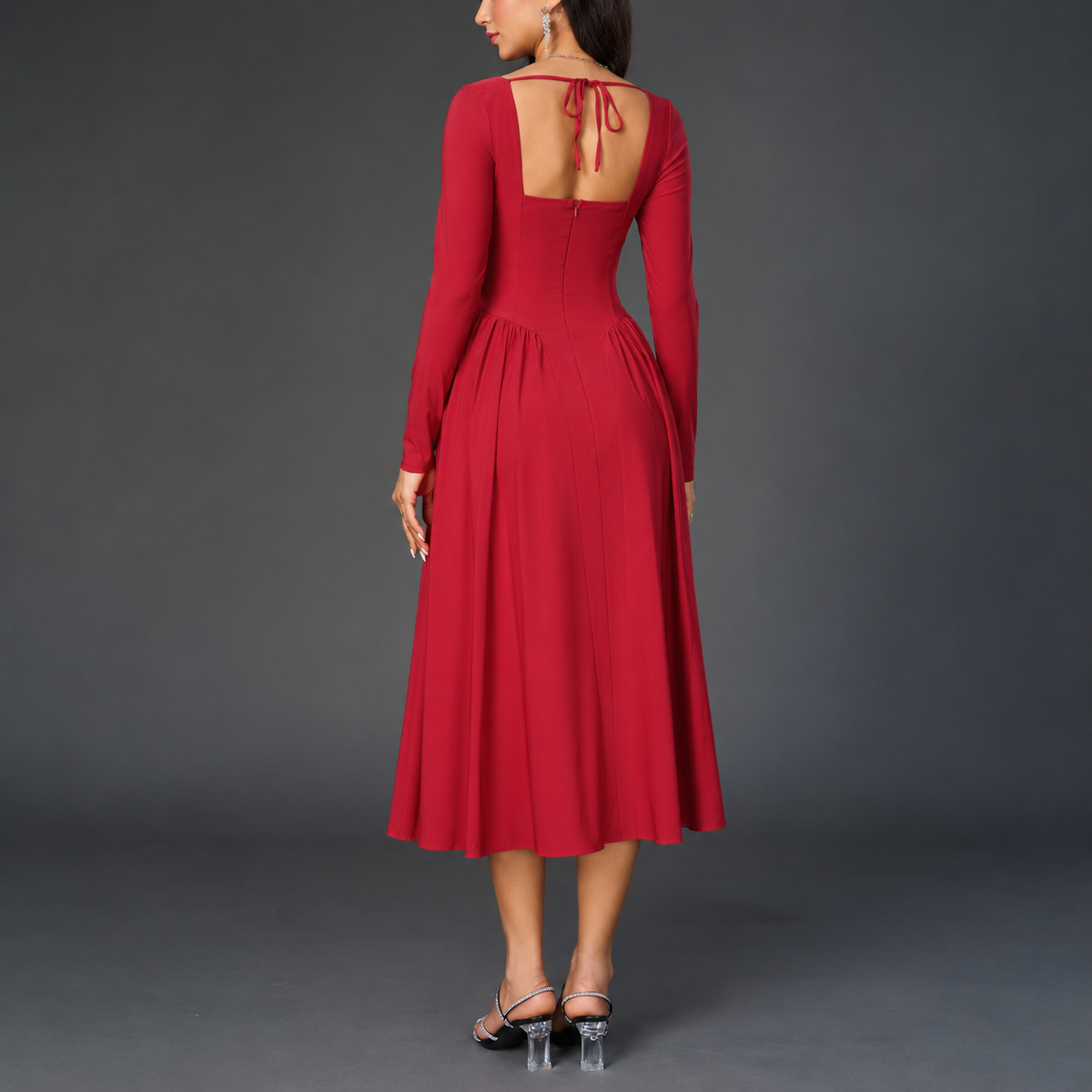 Red Long Sleeve Fit-and-Flare Dress with Corset Bodice