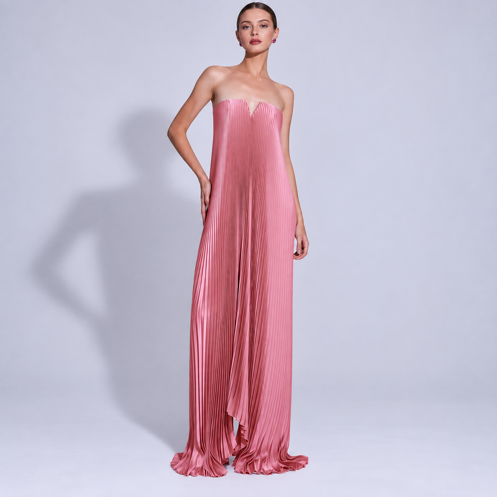 Rose Pink Pleated Strapless Full-Skirt Maxi Dress