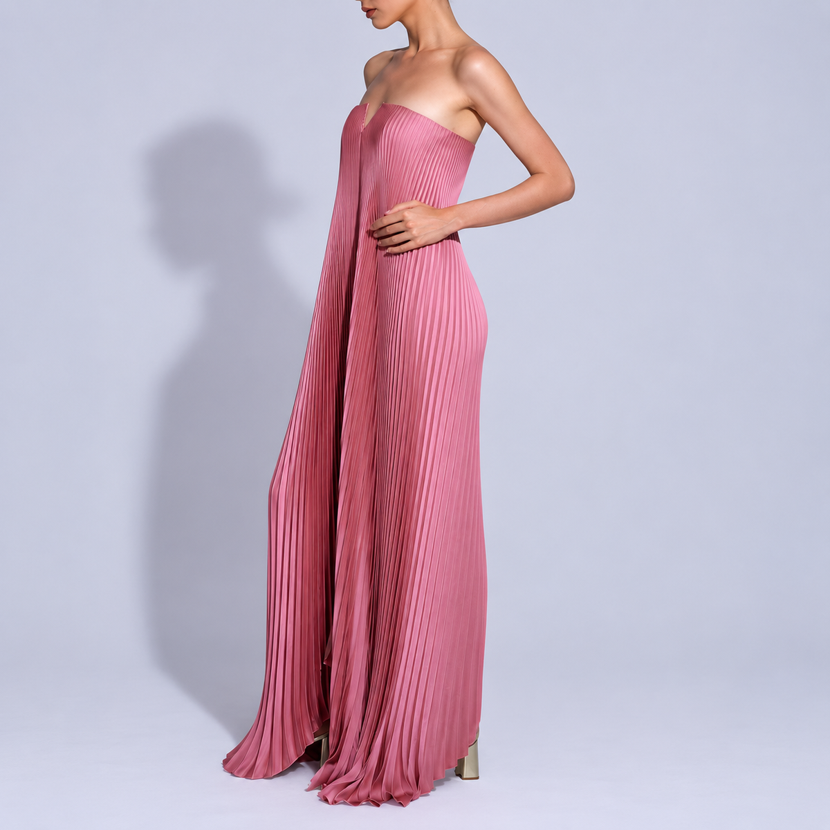 Rose Pink Pleated Strapless Full-Skirt Maxi Dress