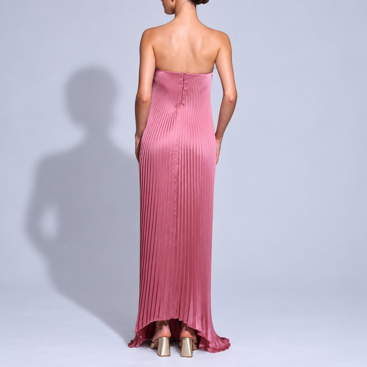 Rose Pink Pleated Strapless Full-Skirt Maxi Dress