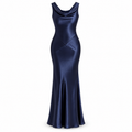 Navy Draped Neck Fitted Maxi Dress
