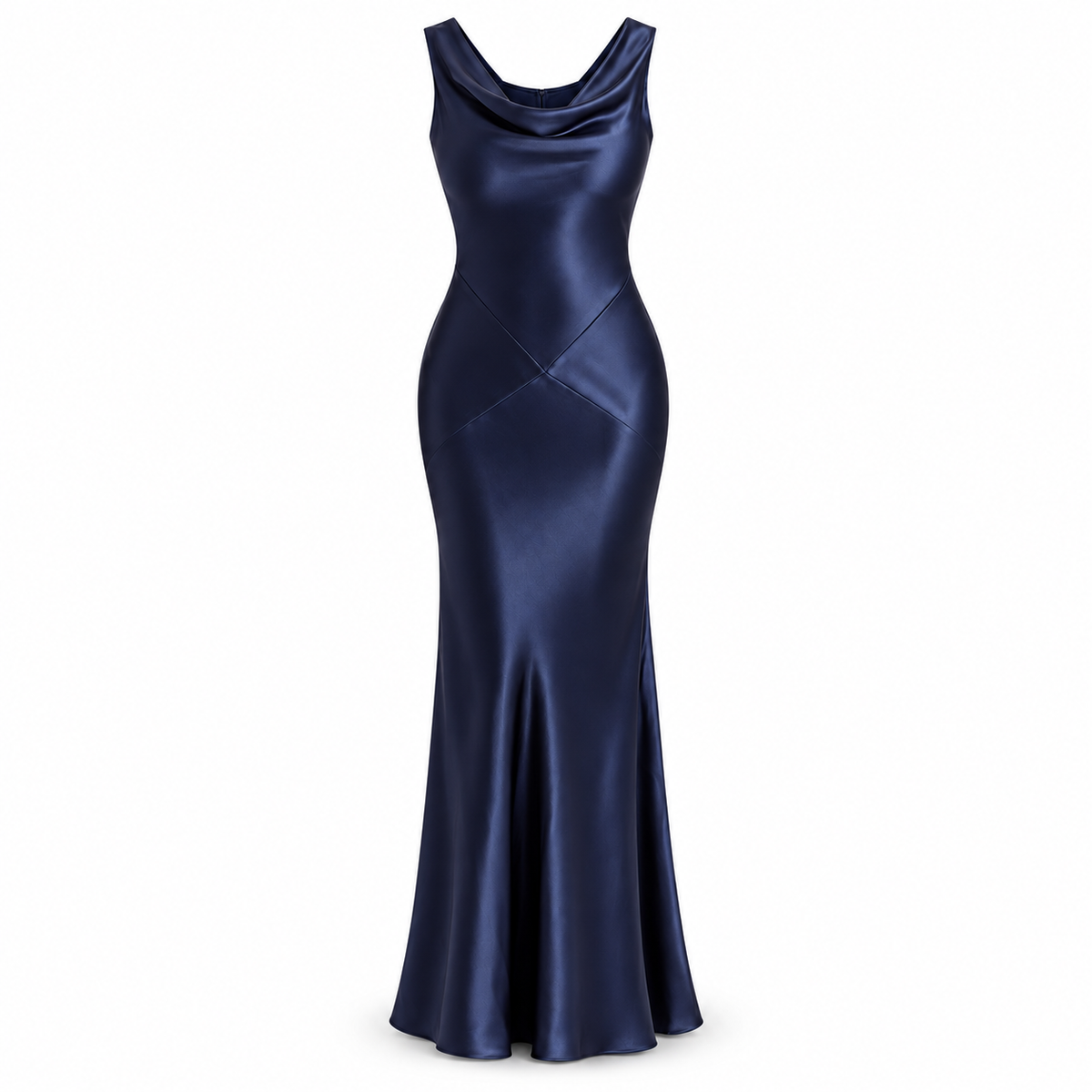 Navy Draped Neck Fitted Maxi Dress