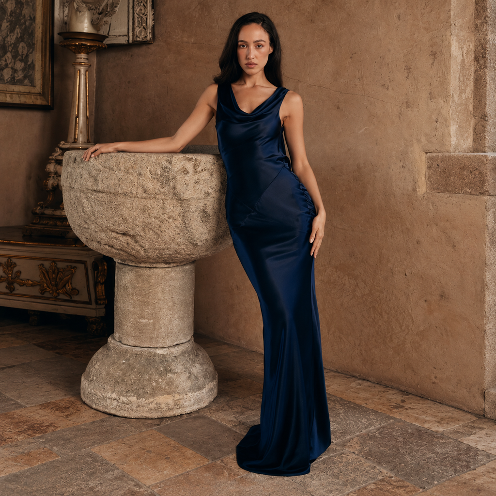 Navy Draped Neck Fitted Maxi Dress