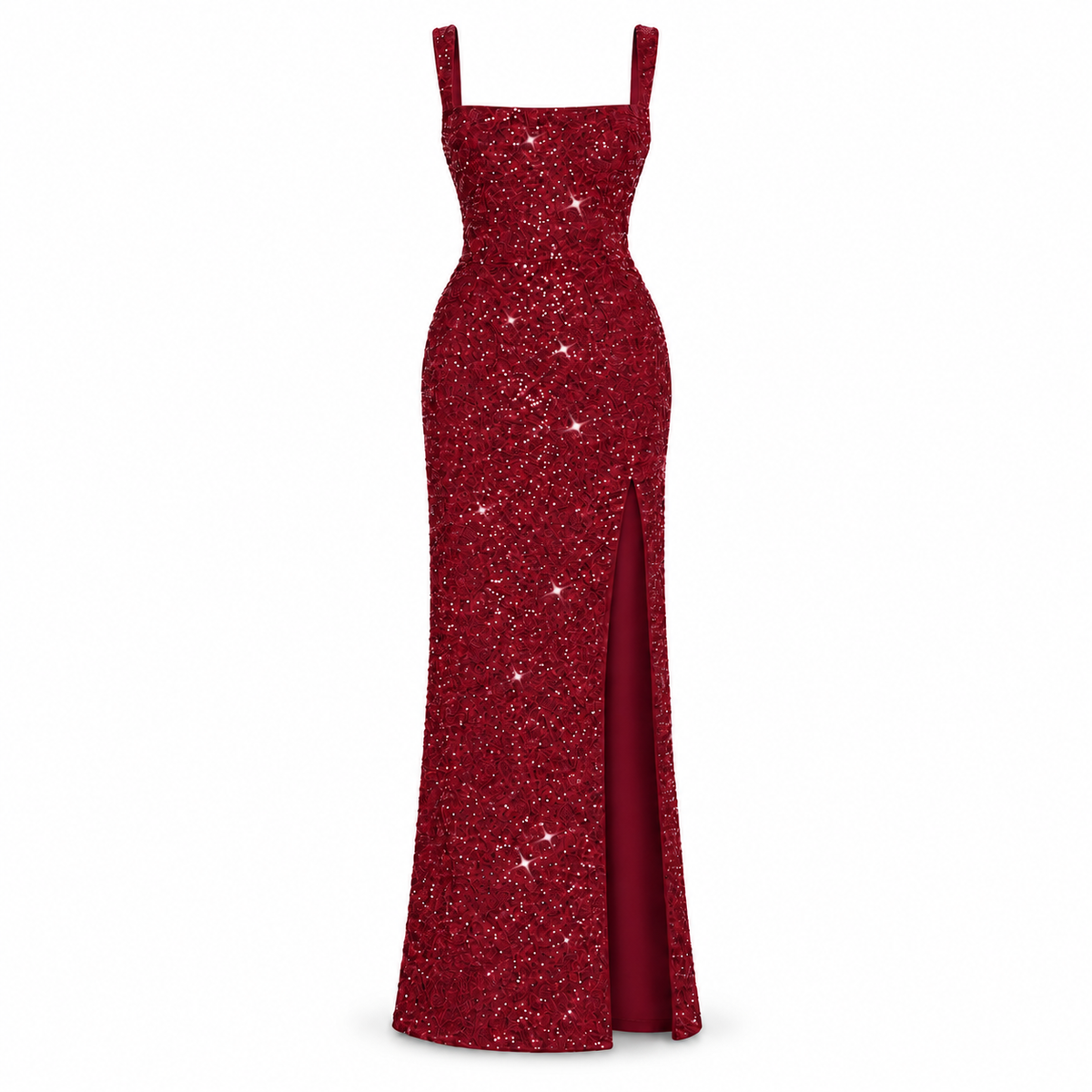 Burgundy Sequin Strap Maxi Dress with Side Slit