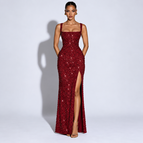 Burgundy Sequin Strap Maxi Dress with Side Slit