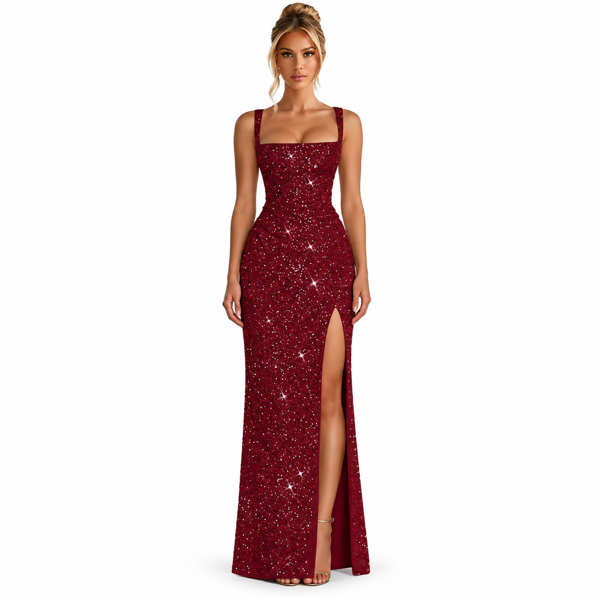 Burgundy Sequin Strap Maxi Dress with Side Slit