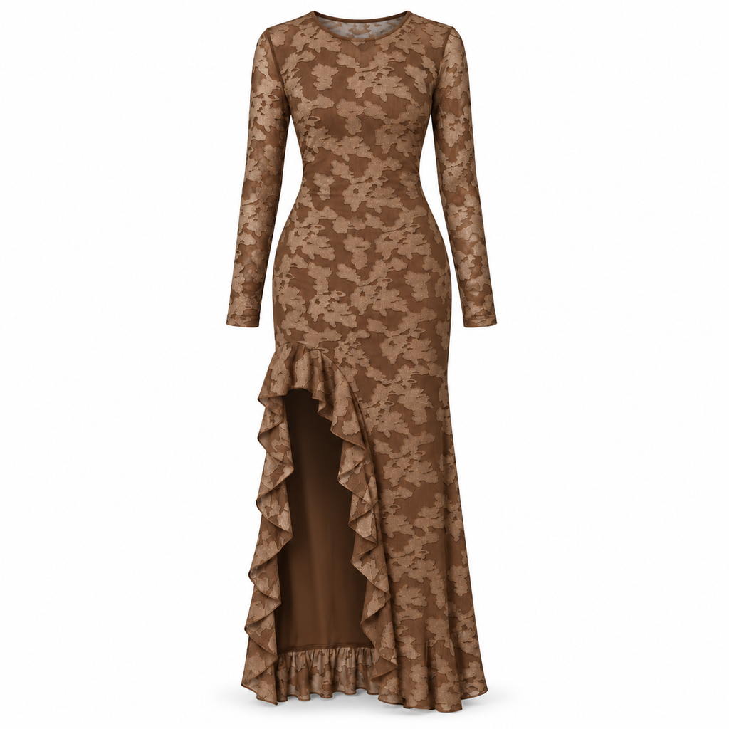 Brown Long Sleeve Lace Maxi Dress with Front Slit