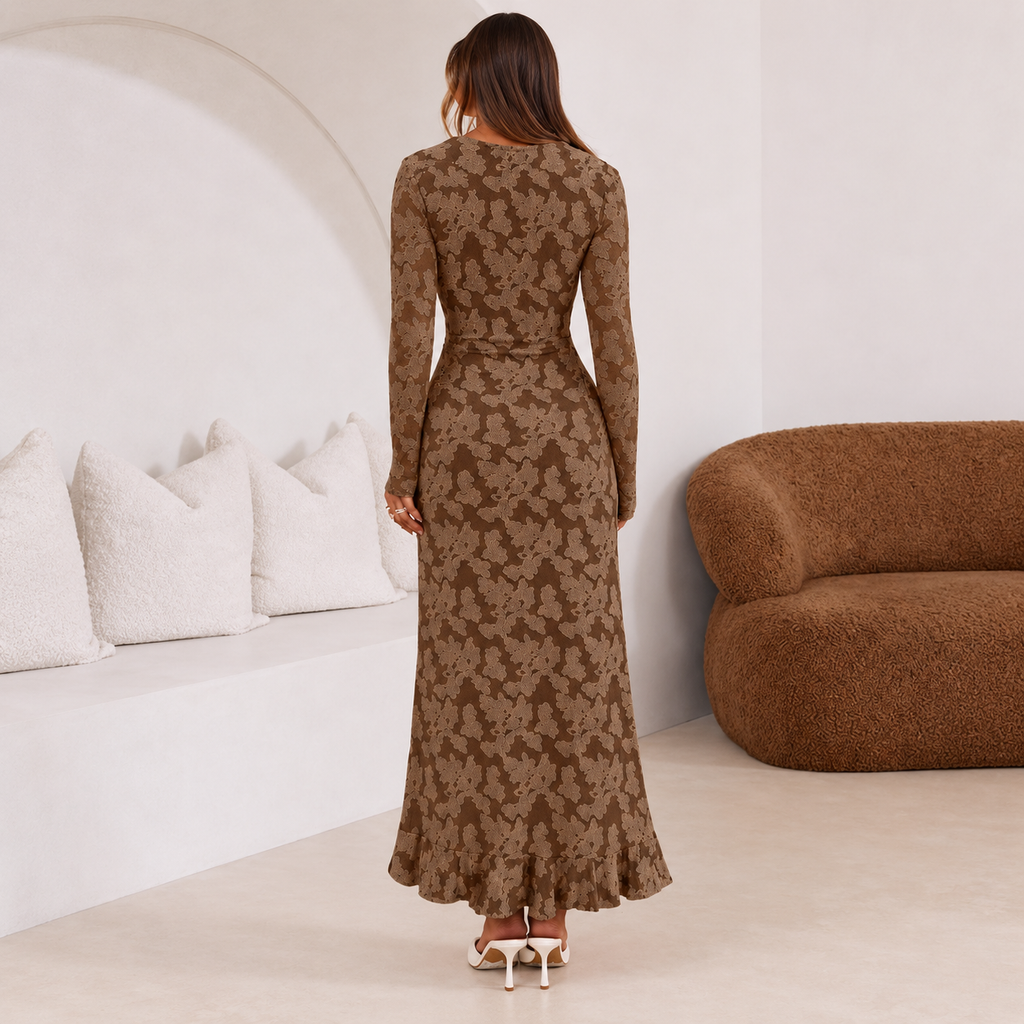 Brown Long Sleeve Lace Maxi Dress with Front Slit