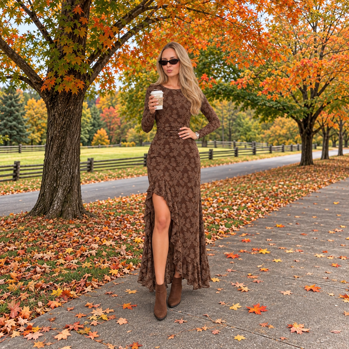 Brown Long Sleeve Lace Maxi Dress with Front Slit