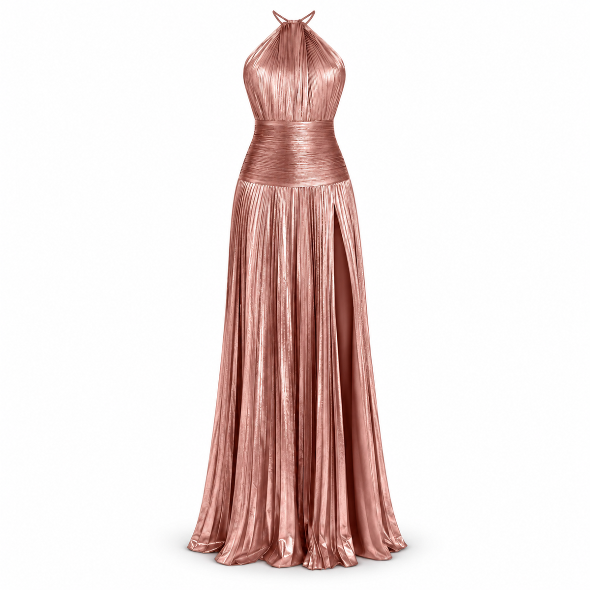 Rose Gold Pleated Halter Maxi Dress with Side Slit
