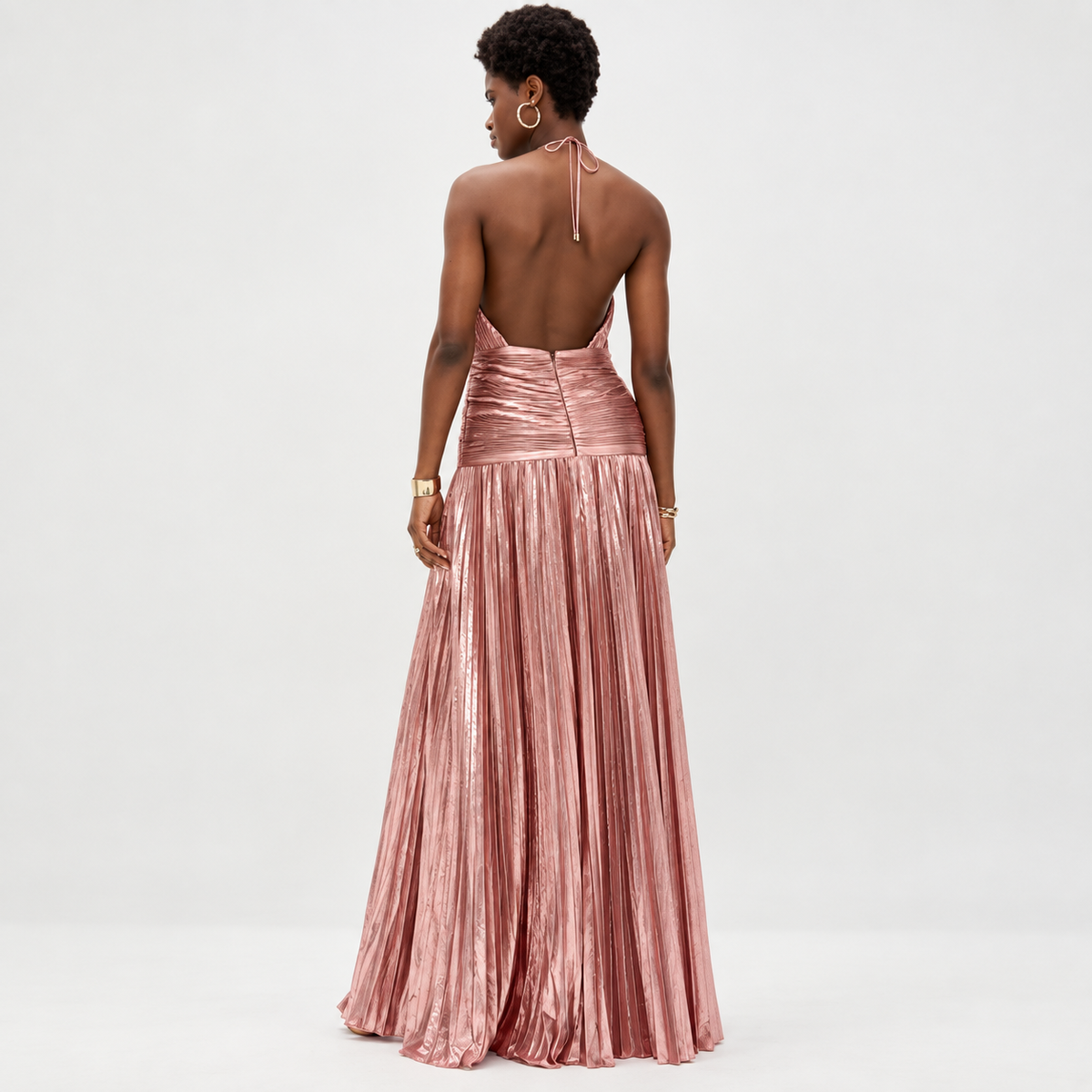 Rose Gold Pleated Halter Maxi Dress with Side Slit