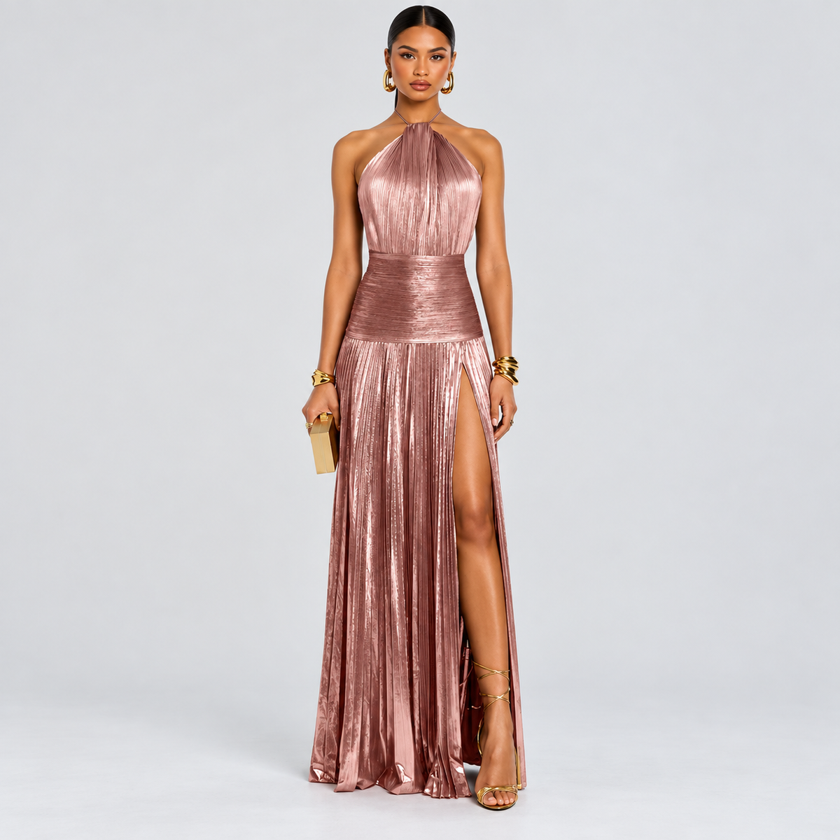 Rose Gold Pleated Halter Maxi Dress with Side Slit