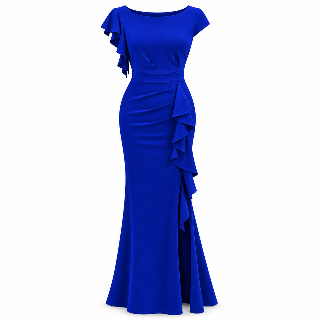 Royal Blue Short Sleeve Ruffle Maxi Dress with Slit
