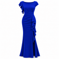 Royal Blue Short Sleeve Ruffle Maxi Dress with Slit