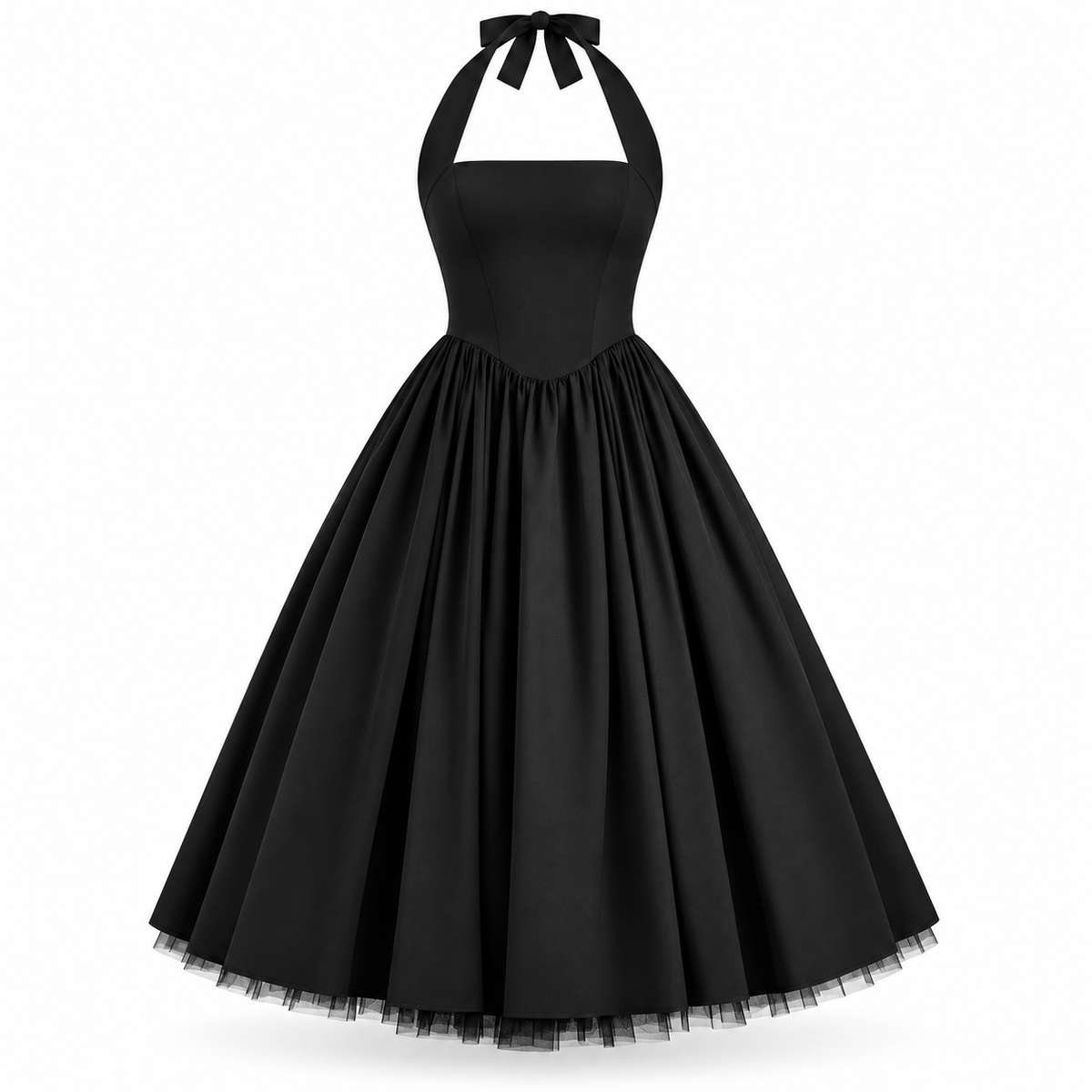 Black Halter Tulle Midi Dress with Full Skirt