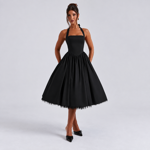 Black Halter Tulle Midi Dress with Full Skirt