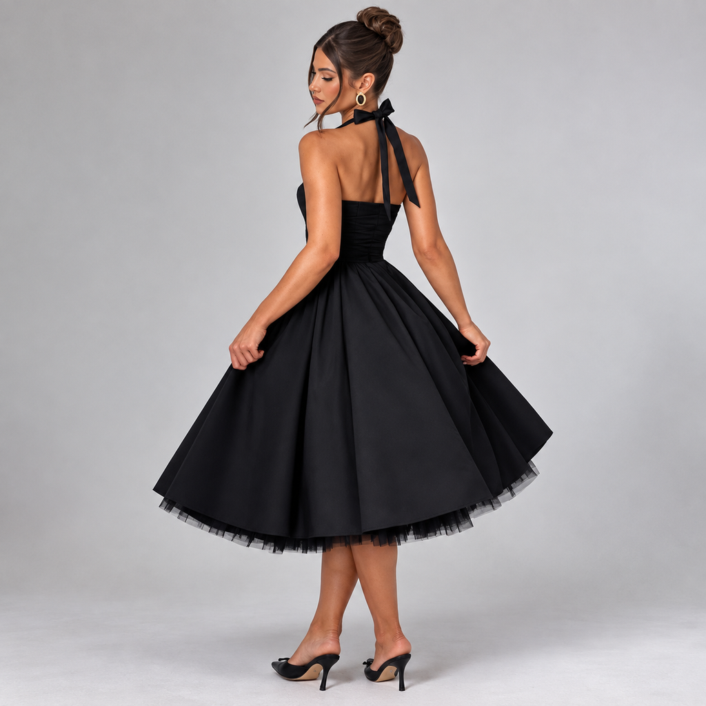 Black Halter Tulle Midi Dress with Full Skirt
