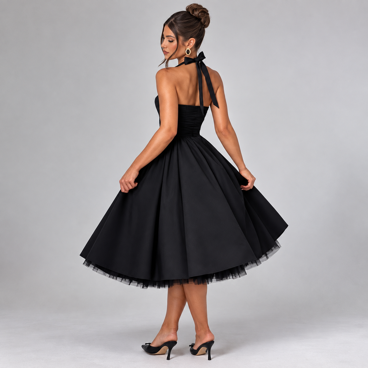 Black Halter Tulle Midi Dress with Full Skirt